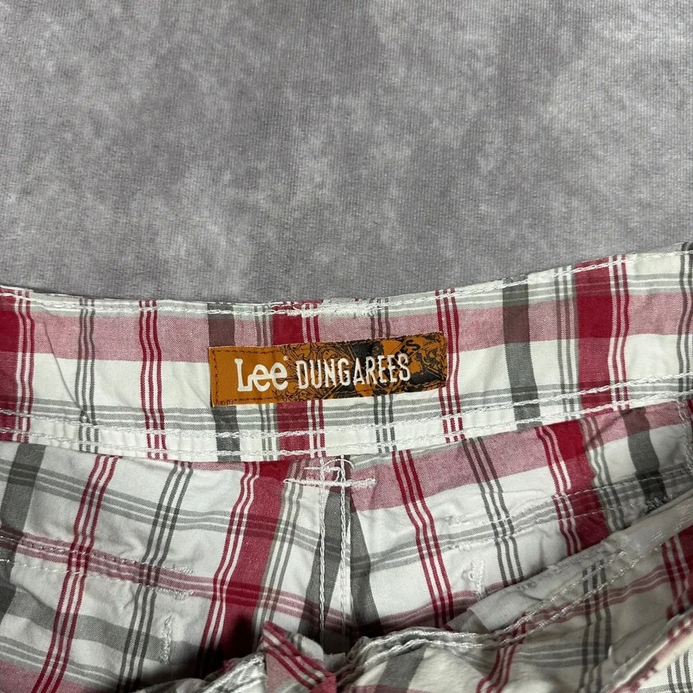 Lee Dungarees Mens Plaid Cargo Shorts 32 Red White Cotton Casual Outdoor Summer
